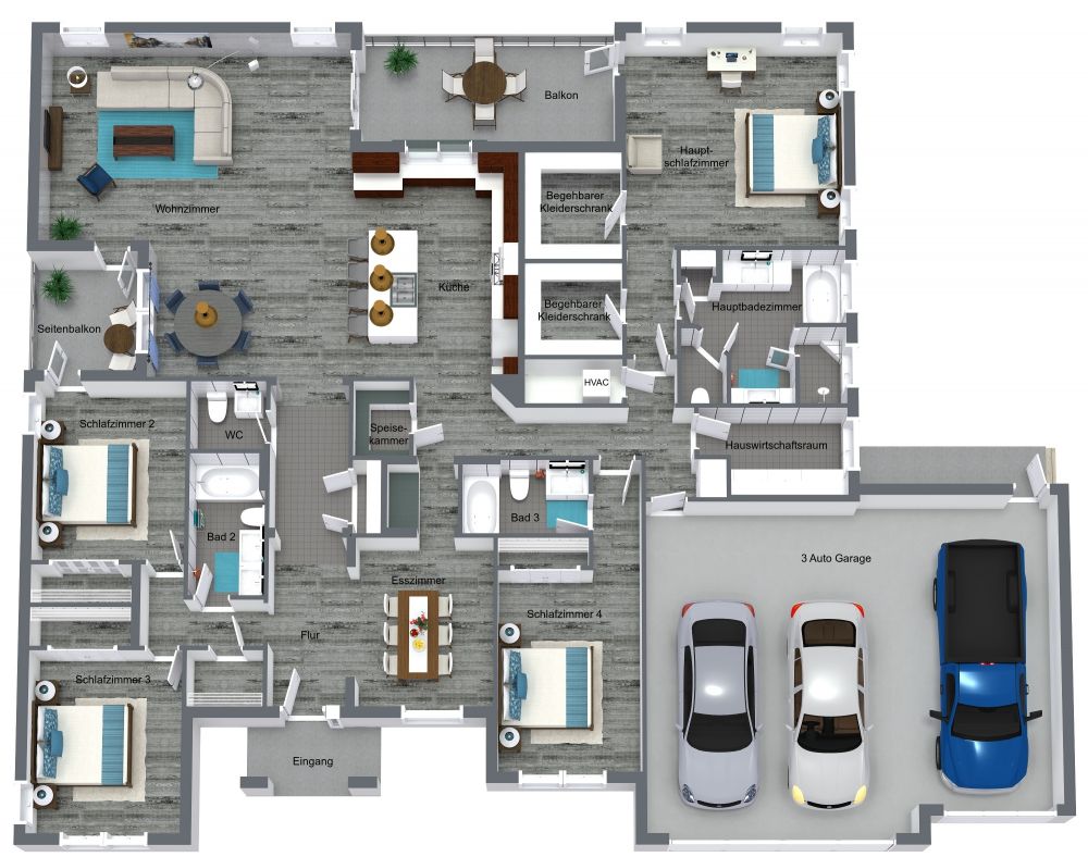 Das kontinentale Haus mit 4 Schlafzimmern, Dachboden und Garage für 3 Autos (2.869 m² Grundriss)